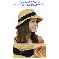 Genuine CC Brand Mujer&apos;s Paper Woven Cloche Bucket Hat with Black Bow Band  eb-83633178